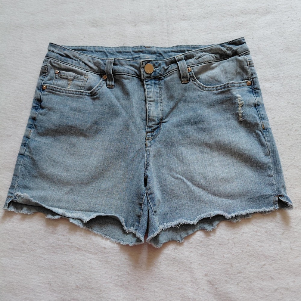 Seven7 Womens Distressed Denim Shorts Size 12 Light Blue High Rise Frayed Hem